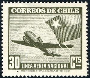 Stamp, Plane and Chilean flag, Chile,  , Aviation, Aircrafts