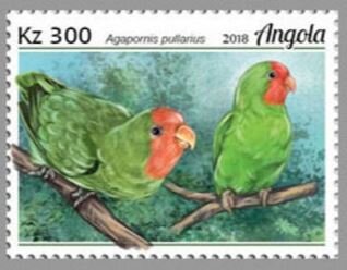 Stamp, Red-faced Lovebird (Agapornis pullarius), Angola,  , Animals (Fauna), Birds, Parrots