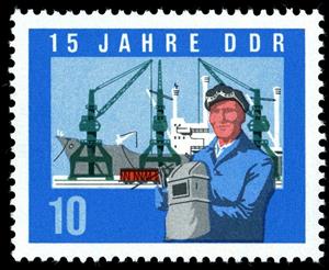 Stamp, Welders, ship on the quay, Germany, Democratic Republic,  
