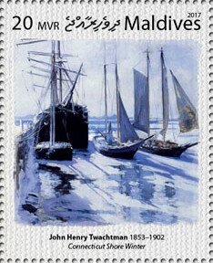 Stamp, "Connecticut Shore Winter", by John Henry Twachtman, Maldives,  , Paintings, Sailing Ships, Ships