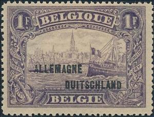 Stamp, Surcharge "Allemagne Duitschland" on Antwerp, Belgium,  , Buildings, Churches - Cathedrals - Basilicas - Chapels, Flags, Ports, Ships