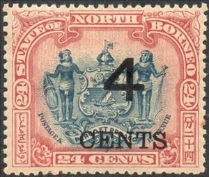 Stamp, Coat of Arms with Supporters Surcharged "4 CENTS", North Borneo,  , Coats of Arms