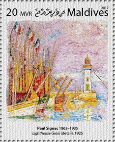 Stamp, "Lighthouse Groix" (detail, 1925), by Paul Signac, Maldives,  , Lighthouses, Paintings