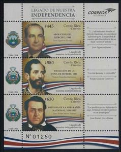 Mini Sheet, Legacy of Our Independence, Costa Rica,  , Flags, Heads of State, Heads of State (Military)