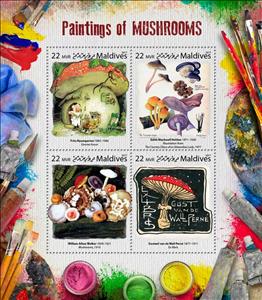 Mini Sheet, Paintings of Mushrooms, Maldives,  , Mushrooms, Paintings