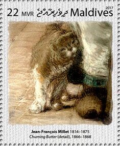 Stamp, "Churning Butter" (detail, 1866-8), by Jean-Françoise Millet, Maldives,  , Animals (Fauna), Cats, Mammals, Paintings