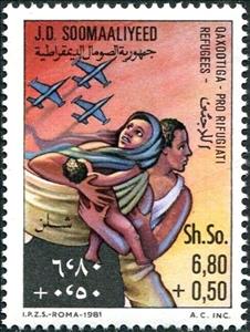 Stamp, Aircraft over fleeing family, Somalia,  , Refugees