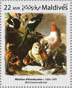 Stamp, "Bird Concert with Owl", by Melchior d'Hondecoeter, Maldives,  , Animals (Fauna), Birds, Owls, Paintings