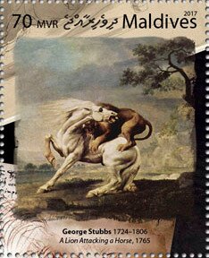 Stamp, "A Lion Attacking a Horse" (1913), by George Stubbs, Maldives,  , Animals (Fauna), Horses, Mammals, Paintings