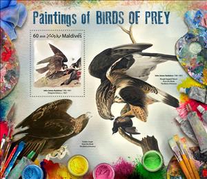 Souvenir Sheet, Paintings of Birds of Prey, Maldives,  , Animals (Fauna), Birds, Birds of Prey, Paintings