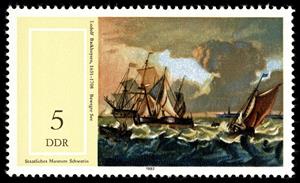 Stamp, "Moving Sea" (L. Backhuysen), Germany, Democratic Republic,  , Ships, Paintings, Sailing Ships
