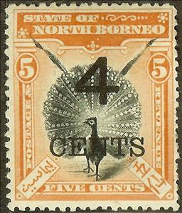 Stamp, Great Argus Pheasant (Argusianus argus) Schg "4 CENTS", North Borneo,  , Pheasants