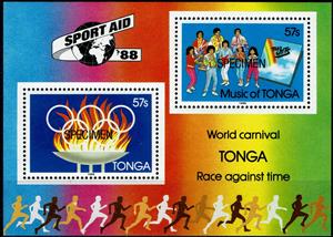 Souvenir Sheet, Race Against Time, Tonga,  , Music, Musicians, Olympic Games, Running, Singers, Torches