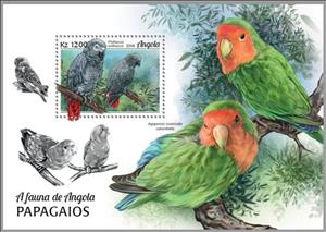 Souvenir Sheet, Psittacus erithacus & Agapornis roseicollis catumbella, Angola,  , Animals (Fauna), Birds, Parrots