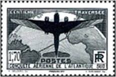 Stamp, 100th Crossing of the Southern Atlantic by Air, France,  , Aircraft, Globes, Maps, Stylized Objects