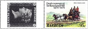 Stamp with Attached Label, Mail Coach, 1840, Barbuda,  , Animals (Fauna), Horses, Mailcoaches, Mammals, Postal Traffic