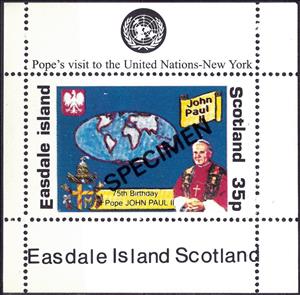 Souvenir Sheet, Pope's visit to the United Nation New York, Cinderellas,  , Famous People, Popes