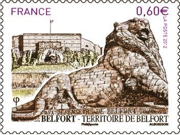 Stamp, Territoire of Belfort, France,  , Flags, Лев, Monuments, Tourism