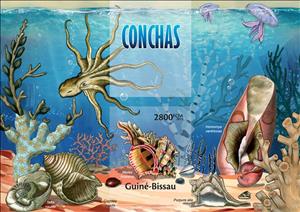 Souvenir Sheet, Shells, Guinea-Bissau,  , Animals (Fauna), Molluscs, Octopuses, Sea Life, Shells