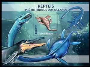 Souvenir Sheet, Prehistoric Water Dinosaurs, Guinea-Bissau,  , Animals (Fauna), Dinosaurs, Prehistorical Animals, Reptiles, Sea Life