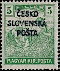 Stamp, Hungarian Reaper Stamp overprinted ČESKO SLOVENSKÁ POŠTA, Czechoslovakia,  