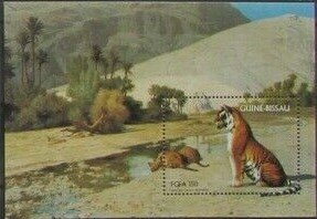 Souvenir Sheet, Predators on Paintings by Jean Leon Gerome, Guinea-Bissau,  , Cats of Prey, Tigers