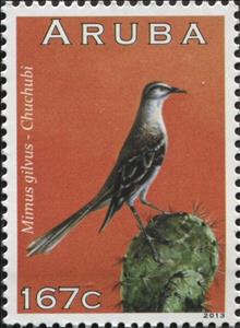 Stamp, Tropical Mockingbird (Mimus gilvus), Aruba,  , Animals (Fauna), Birds