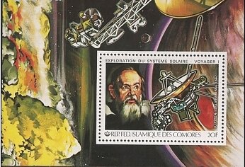 Souvenir Sheet, Galileo and Voyager I, Comoros,  , Astronomers, Outer Space, Space Traveling, Spacecrafts