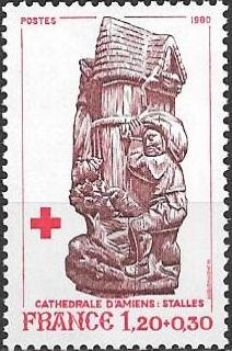 Stamp, Stall in the cathedral of Amiens "Filling the granaries", France,  , Healthcare, Red Cross and Red Crescent, Sculptures