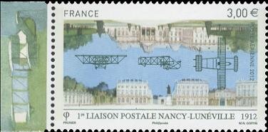 Stamp, First postal fly between Nancy and Lunéville, France,  , Aircraft, Aviation, Buildings