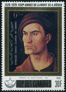 Stamp, Portrait of a young man, overprint, Comoros,  , Anniversaries and Jubilees, Painters, Paintings
