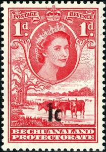 Stamp, Queen Elizabeth II, Cattle (Bos primigenius taurus), Bechuanaland Protectorate,  , Animals (Fauna), Cattle, Landscapes, Mammals, Queens