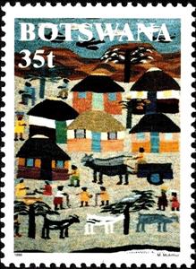 Stamp, Carpet with village scene, Botswana,  