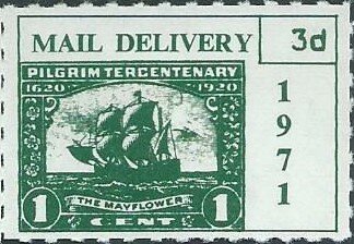 Stamp, Pilgrim Tercentenary Mail Delivery 1620-1920. Mayflower, Personalized and Private Mail Stamps,  , Postal Services, Sailing, Sailing Ships, Stamps