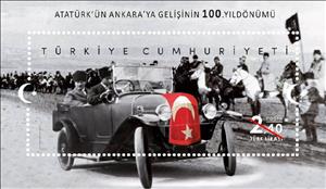 Souvenir Sheet, Mustafa Kemal's Arrival in Ankara, 1919, Turkey,  , Cars, First World War, Flags, Independency Activists