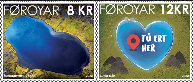 Se-tenant, Valentine's Day : Lake Vatndalsvatn, Faroe Islands,  , Hearts, Lakes, Valentine's Day