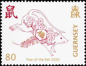 Stamp, Year of the Rat 2020, Guernsey,  , Animals (Fauna), Chinese New Year, Chinese Zodiac, Mammals, Rats, Stylized Animals, Zodiac
