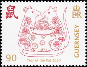 Stamp, Year of the Rat 2020, Guernsey,  , Animals (Fauna), Chinese New Year, Chinese Zodiac, Mammals, Rats, Stylized Animals, Zodiac