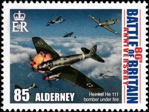 Stamp, Heinkel He 111 Bomber Under Attack, Alderney,  , Air Forces, Aircraft, Anniversaries and Jubilees, Aviation, Second World War