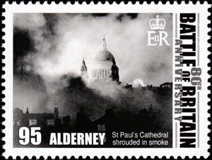 Stamp, St Paul's Cathedral During Air Raid, Alderney,  , Anniversaries and Jubilees, Churches - Cathedrals - Basilicas - Chapels, Second World War
