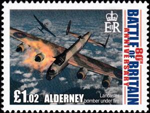 Stamp, Lancaster Bomber Under Fire, Alderney,  , Air Forces, Aircraft, Anniversaries and Jubilees, Aviation, Second World War