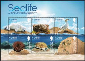 Souvenir Sheet, Alderney Ramsar Sea Life Area, Alderney,  , Animals (Fauna), Birds, Crabs, Mammals, Sea (Marine) Mammals, Sea Life, Seals (Animals), Starfish