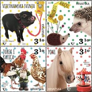 Se-tenant, Children's World : Dwarf Animals, Croatia,  , Animals (Fauna), Birds, Hedgehogs, Horses, Mammals, Pigs, Poultry, Roosters and Chickens