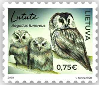 Stamp, Boreal Owl (Aegolius funereus), Lithuania,  , Animals (Fauna), Birds, Birds of Prey, Environment Protection, Owls
