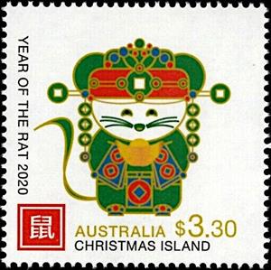 Stamp, Year of the Rat 2020 - Rat with bowl, Christmas Island,  , Animals (Fauna), Chinese New Year, Chinese Zodiac, Mammals, Rats, Stylized Figures / Persons, Zodiac