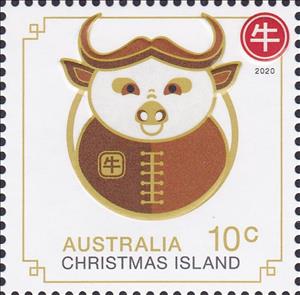 Stamp, Year of the Rat 2020 - Zodiac Sheet - Ox, Christmas Island,  , Animals (Fauna), Bulls and Cows, Calendars, Chinese New Year, Chinese Zodiac, Mammals, Stylized Animals, Zodiac