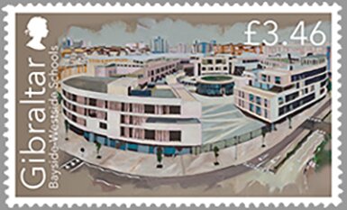Stamp, Bayside-Westside Schools, Gibraltar,  , Architecture, Buildings, Schools
