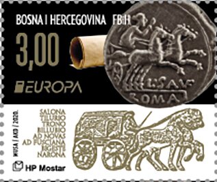 Stamp, Roman Postal Route and Roman Coin, Bosnia and Herzegovina, Croatian Administration,  , Animals (Fauna), C.E.P.T. / Europe, Carriages, Coins, Horses, Postal Services, Postal Traffic