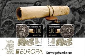 Souvenir Sheet, Roman Postal Route and Roman Coin, Bosnia and Herzegovina, Croatian Administration,  , Animals (Fauna), C.E.P.T. / Europe, Carriages, Coins, Horses, Postal Services, Postal Traffic