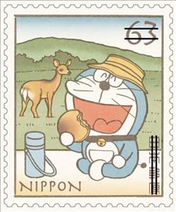 Stamp, Doraemon having a picnic with a deer, Japan,  , Cartoons, Comics, Deer